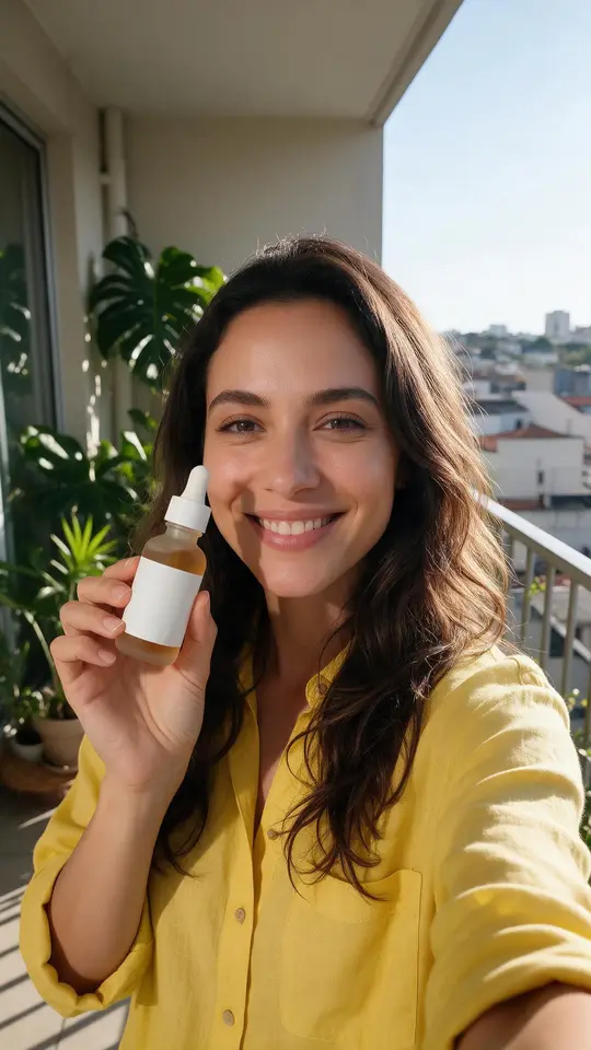 Variant frame: a woman in a yellow shirt on a sunny São Paulo balcony holding the serum bottle